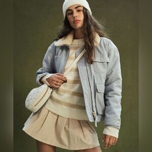 American Eagle Canvas Bomber Jacket Blue Coat Faux Barn Sherpa Collar Cotton